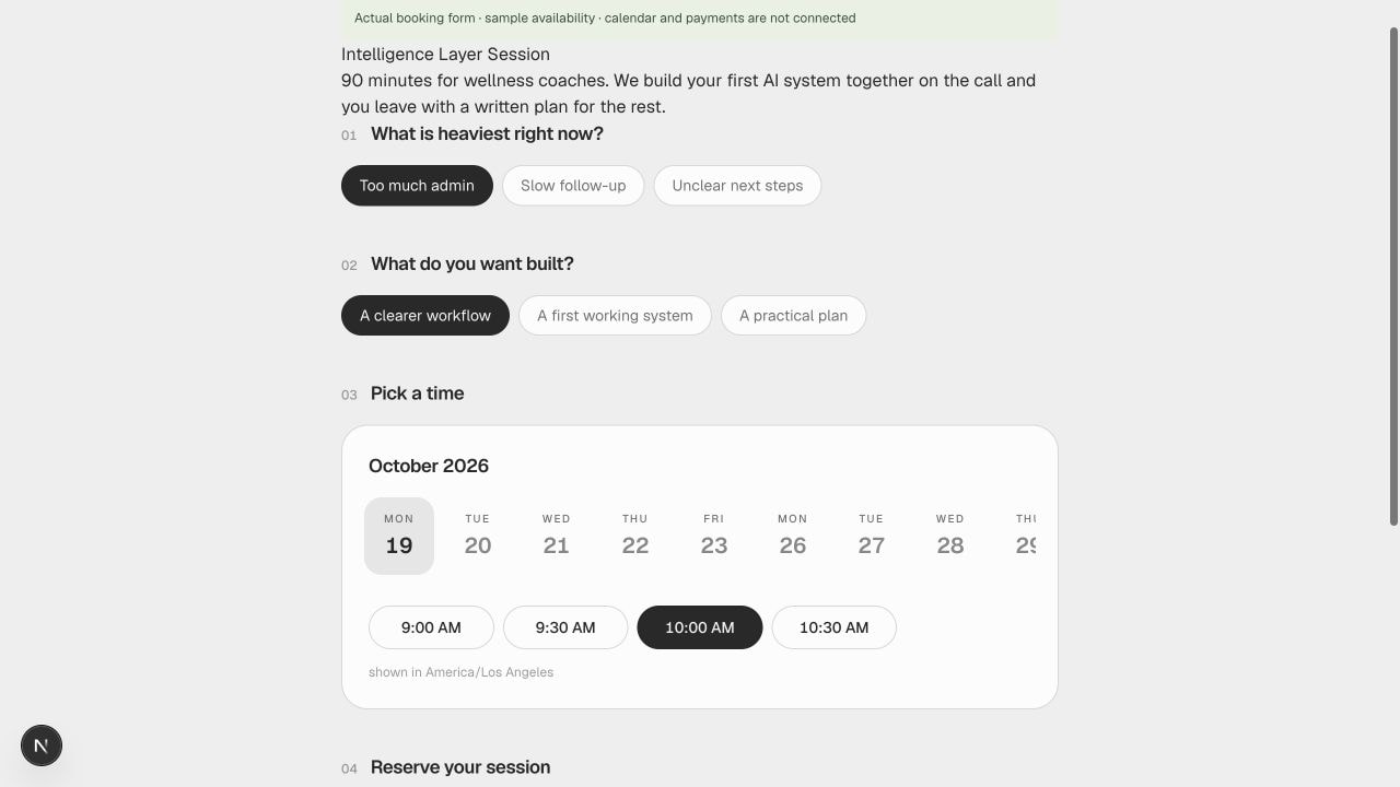 Paid Consultation Booking Kit: The original day and time picker with an example time selected. This does not reserve a live appointment.