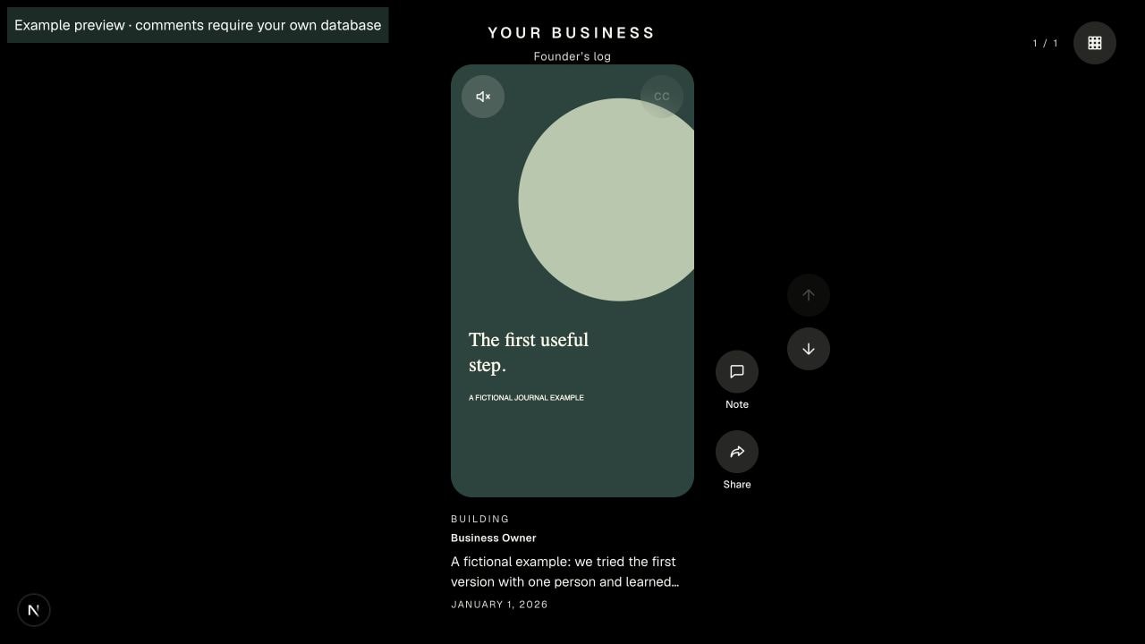 Founder Journal Kit: The original vertical media feed, entry caption, navigation and sharing controls.