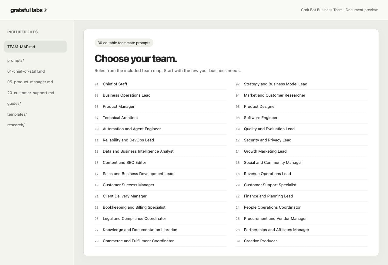 Grok Bot Business Team: all 30 included teammate roles shown in a document preview.