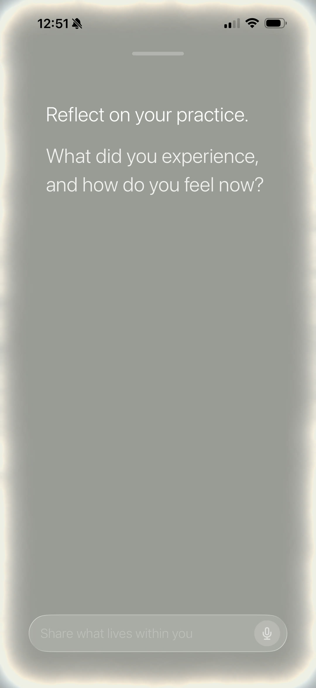 The Sacred Act reflection screen asks what the user experienced and how they feel, with a voice input below.