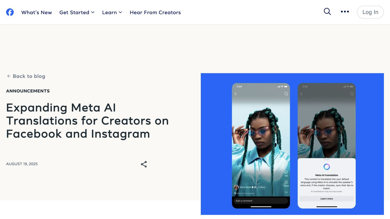 Meta’s August 19, 2025 announcement of AI translations on Facebook and Instagram, with the release headline and translation interface