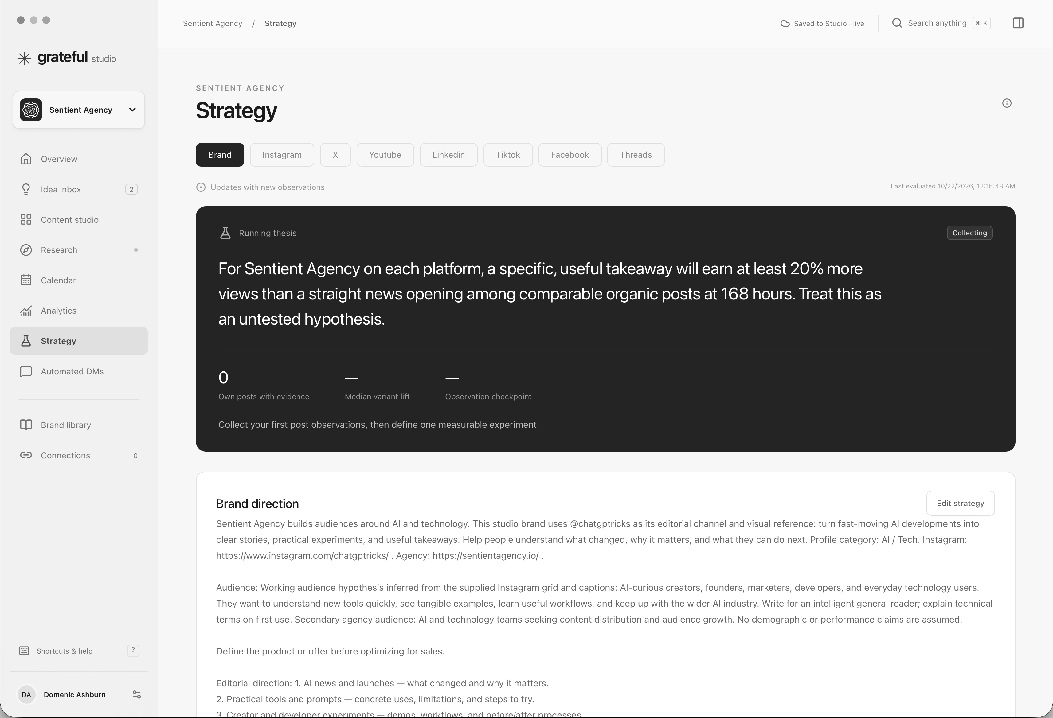 Sentient Agency strategy workspace with brand and platform tabs, an explicitly untested thesis, an observation checkpoint, audience direction, and editorial guidelines