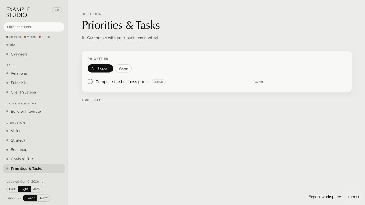 Priorities panel with All and Setup filters, a business-profile task, and its Owner assignment.