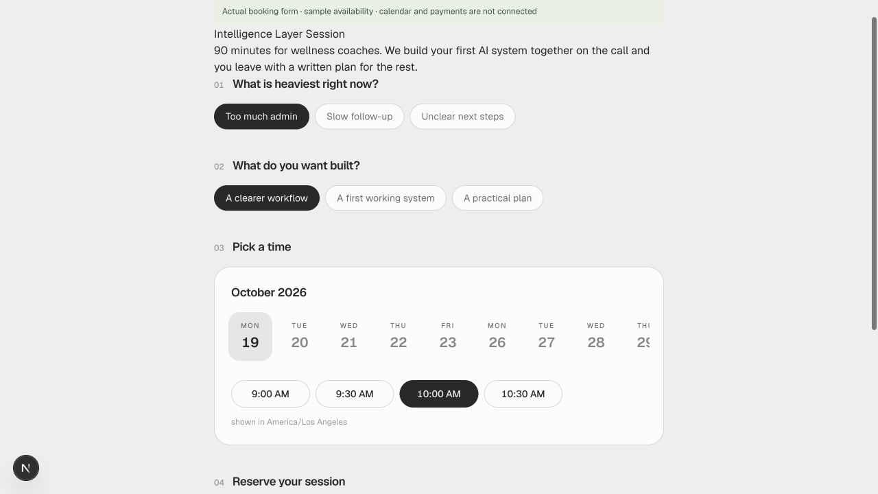 October availability picker with example days and a 10 AM time selected.