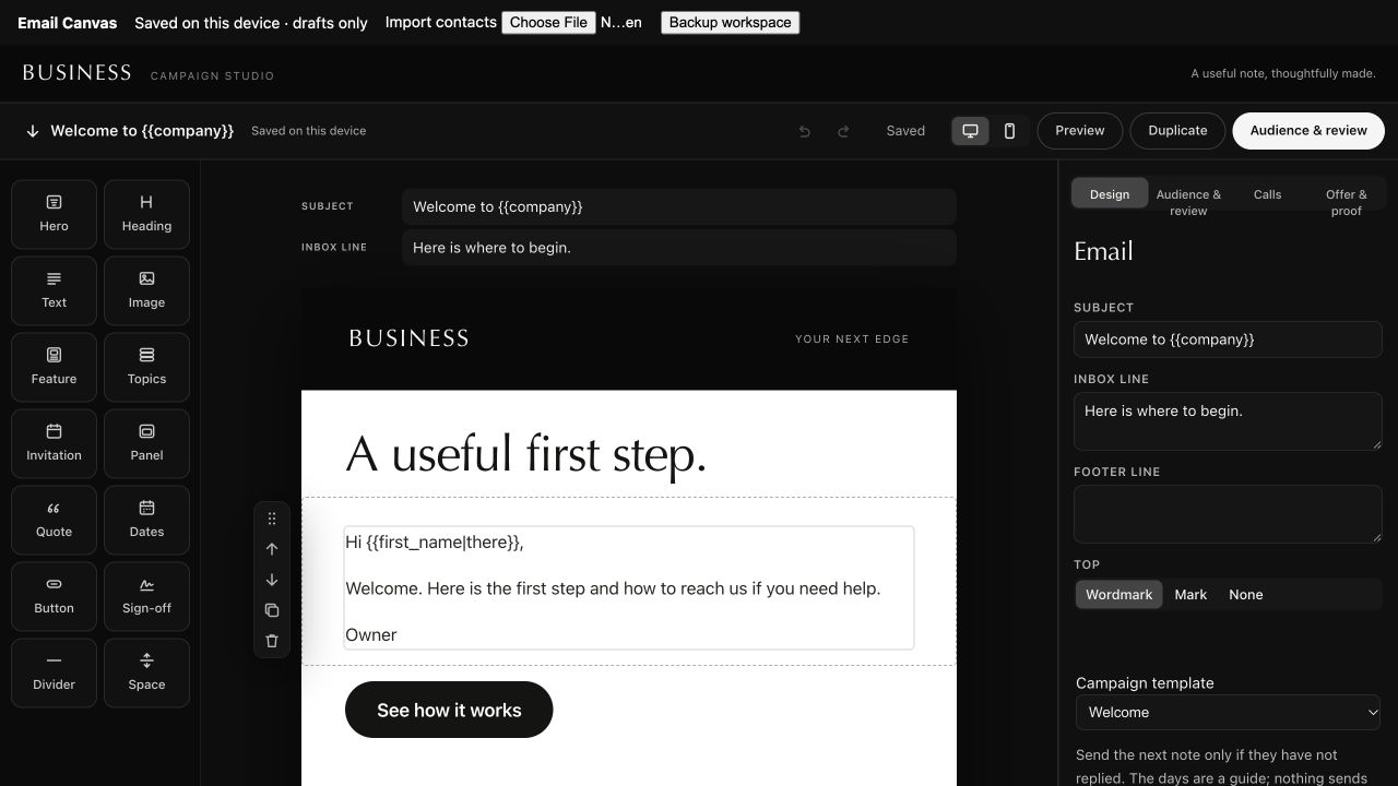 Email editor block palette showing Hero, Heading, Text, Image, Feature, and Topics blocks.