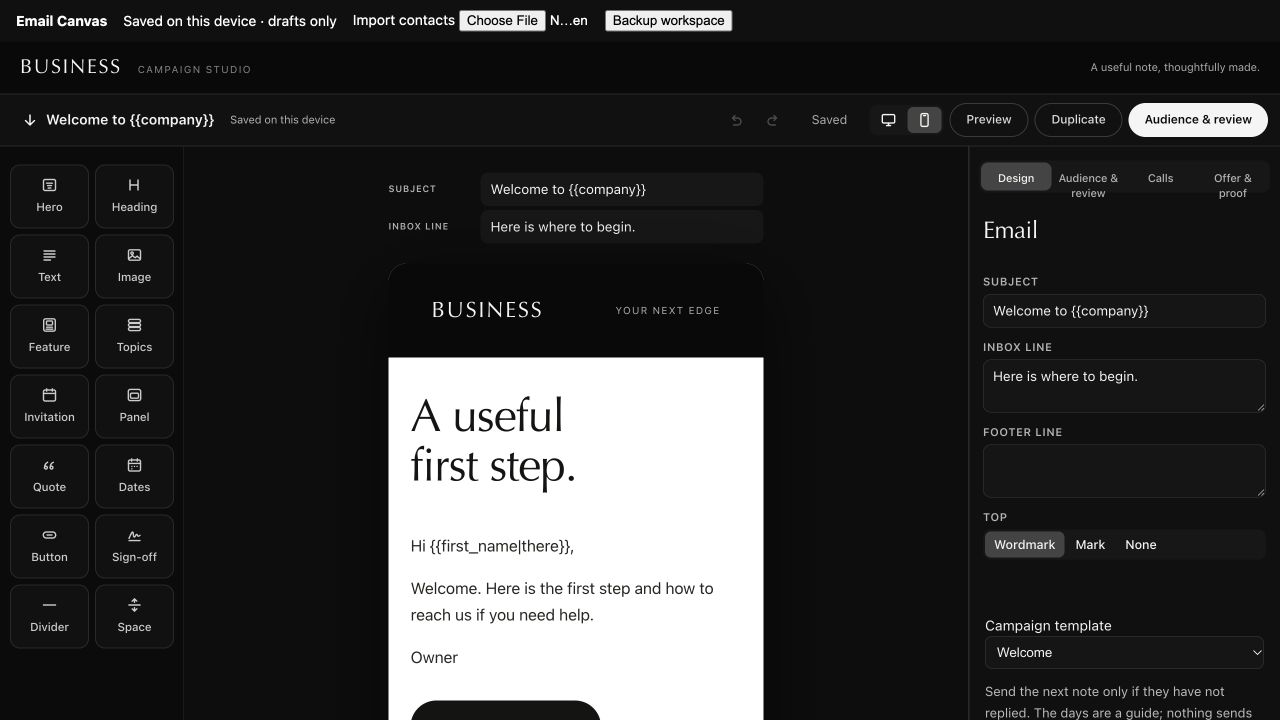 Narrow email preview showing the brand header, wrapped heading, and personalized greeting.